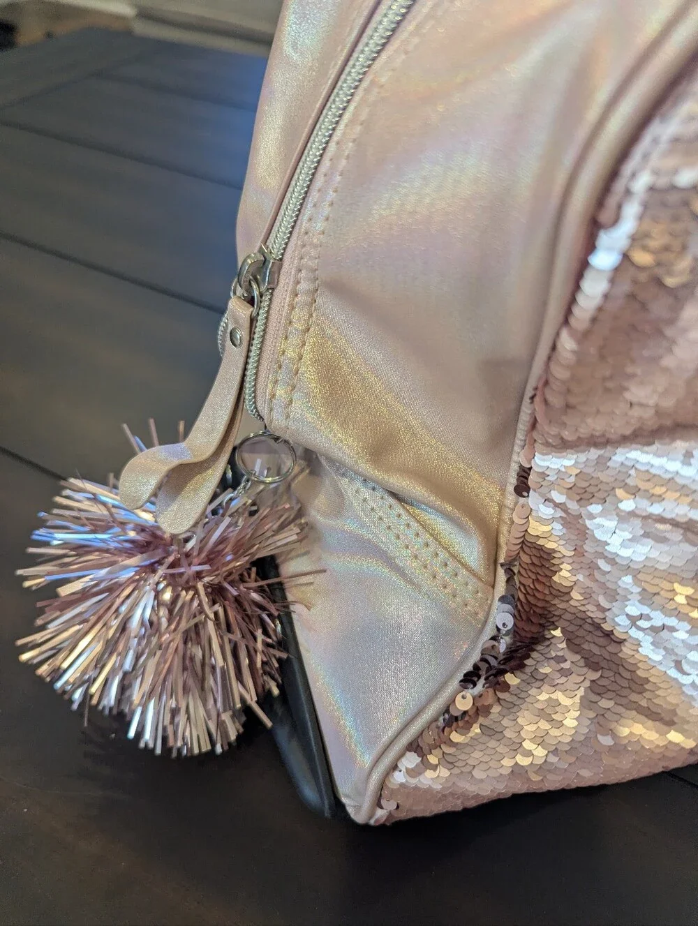 Justice Rose Gold Sequin Travel Bag with Pink Pom-Pom